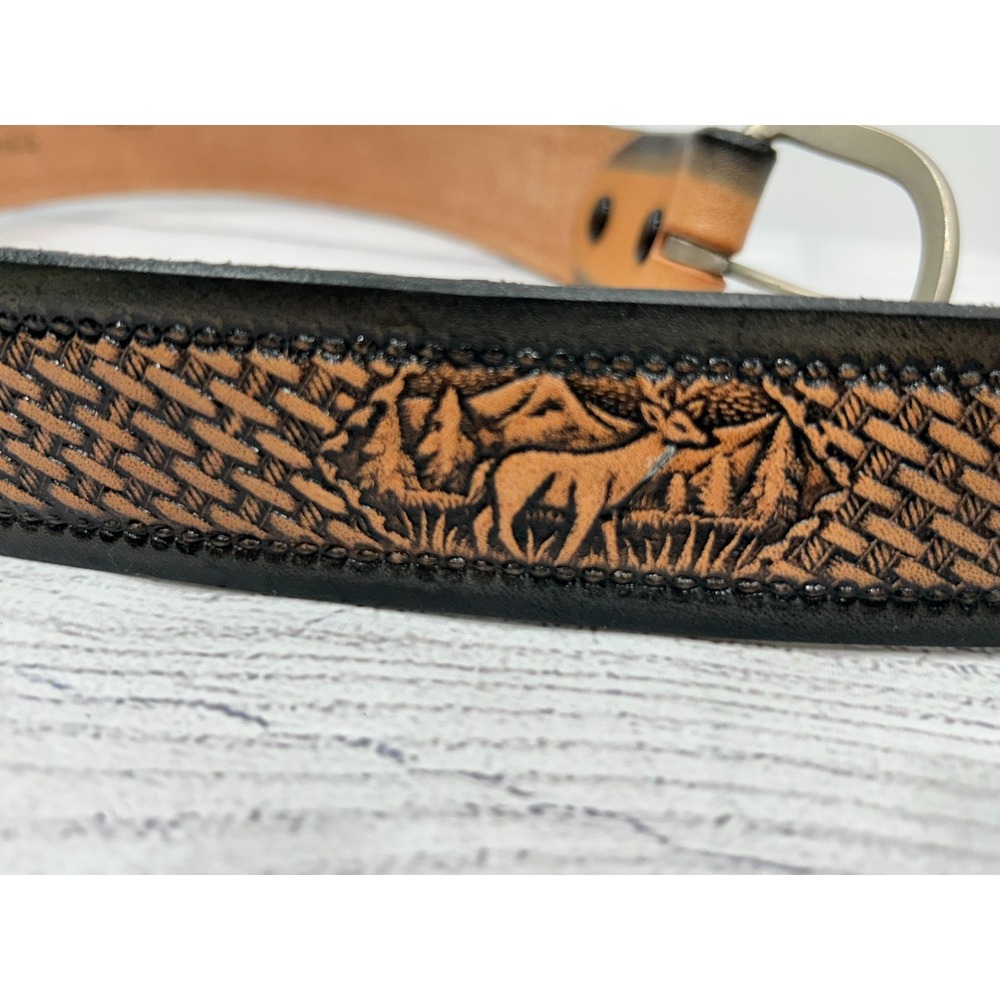 Vintage Tooled Full-Grain Cowhide 4503 Brown‎ Deer Leather Western Belt 45" - Picture 7 of 7